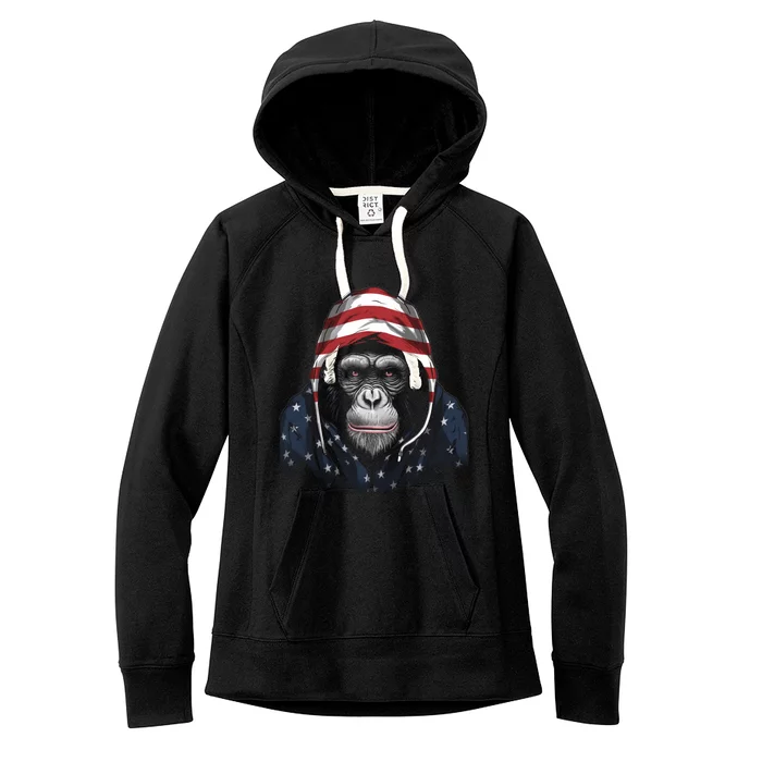 Chimpanzee American Flag USA Tee 4th July Gifts Graphic Tees Women's Fleece Hoodie