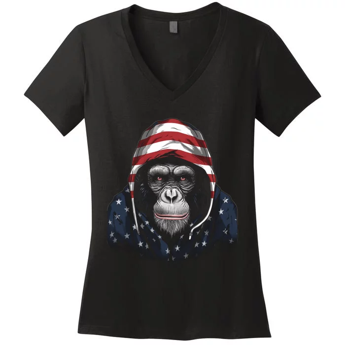 Chimpanzee American Flag USA Tee 4th July Gifts Graphic Tees Women's V-Neck T-Shirt