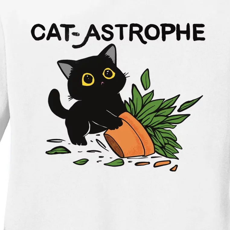 Cat Astrophe Funny Cute Black Cat Ladies Long Sleeve Shirt