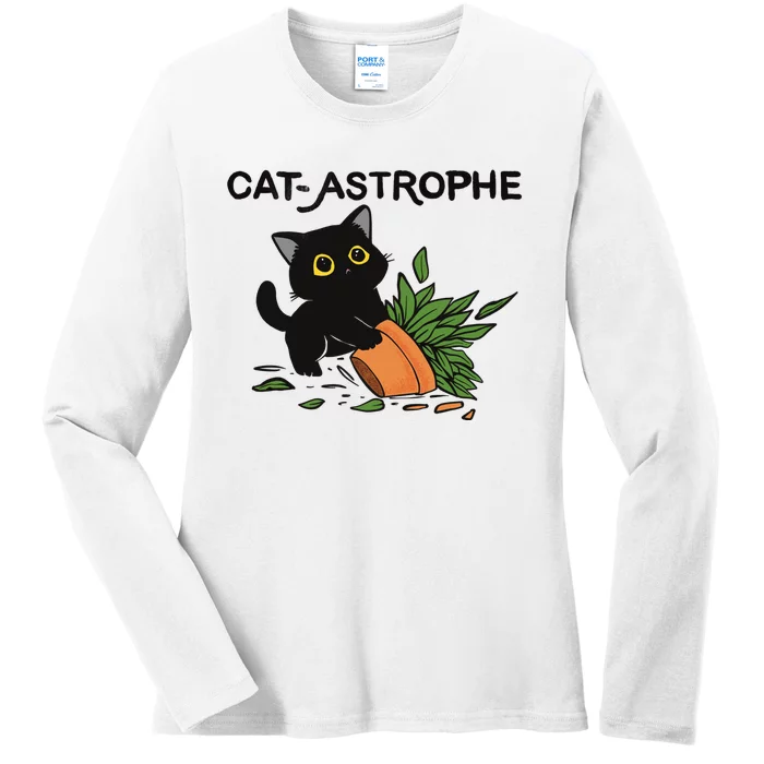 Cat Astrophe Funny Cute Black Cat Ladies Long Sleeve Shirt