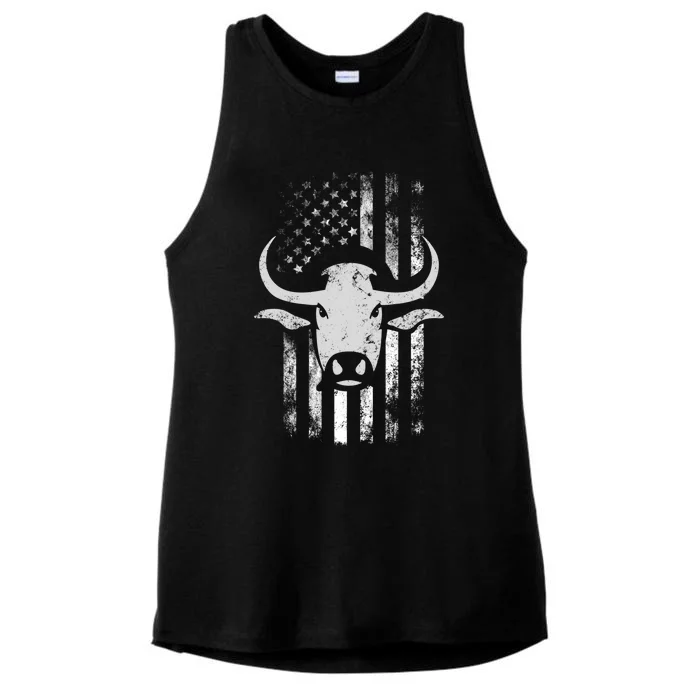 Cow American Flag Bull Skull Cow Rancho Western Rodeo Usa Cute Gift Ladies Tri-Blend Wicking Tank