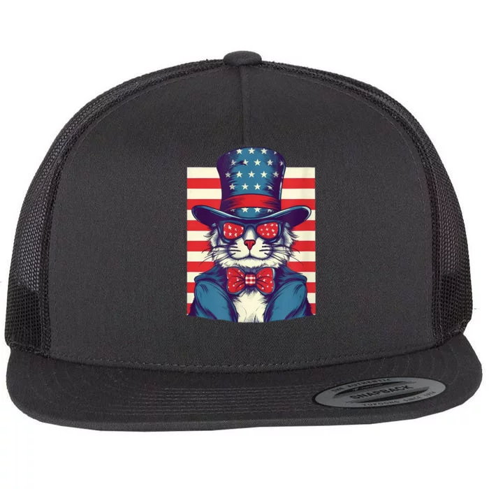 Cat American Flag Pride And Liberty On The Fourth Of July Flat Bill Trucker Hat