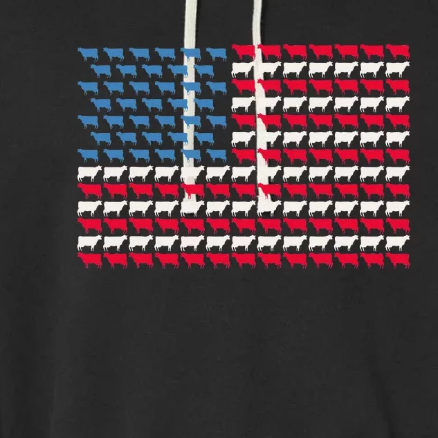 Cow American Flag Heifer US 4th Of July Farm Cattle USA Gift Garment-Dyed Fleece Hoodie