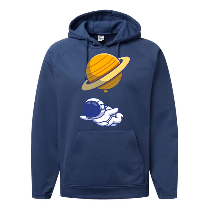 Cute Astronaut Floating On With Saturn Balloon Performance Fleece Hoodie