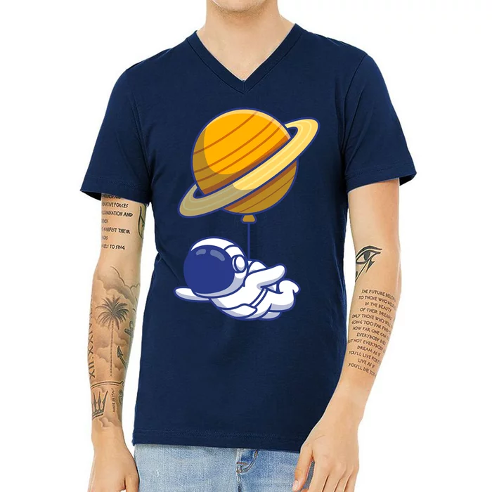 Cute Astronaut Floating On With Saturn Balloon V-Neck T-Shirt