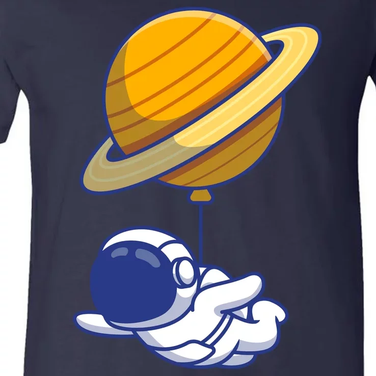 Cute Astronaut Floating On With Saturn Balloon V-Neck T-Shirt