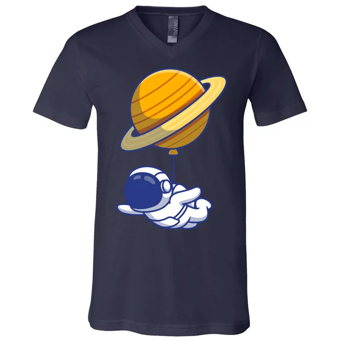 Cute Astronaut Floating On With Saturn Balloon V-Neck T-Shirt