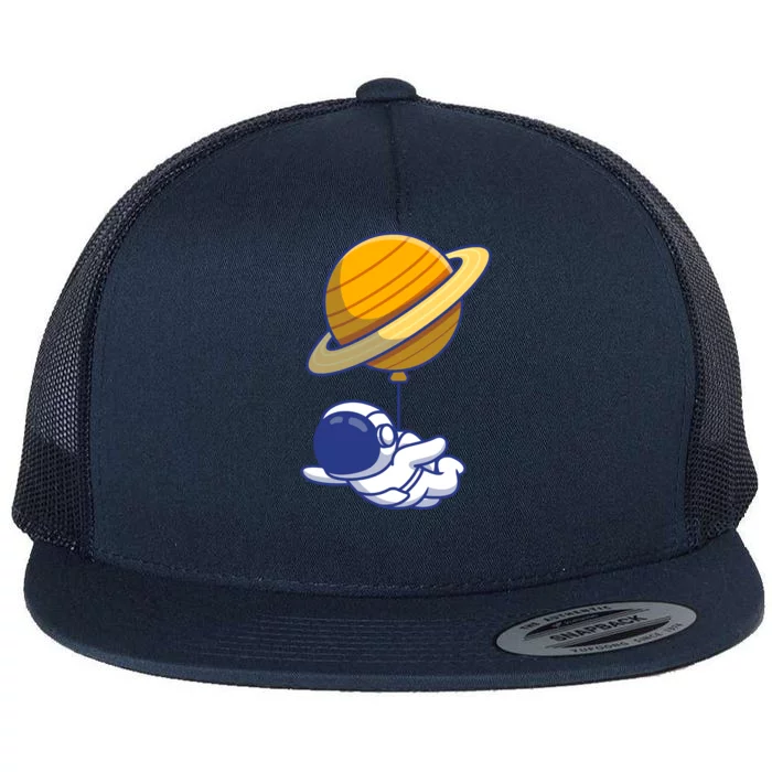 Cute Astronaut Floating On With Saturn Balloon Flat Bill Trucker Hat