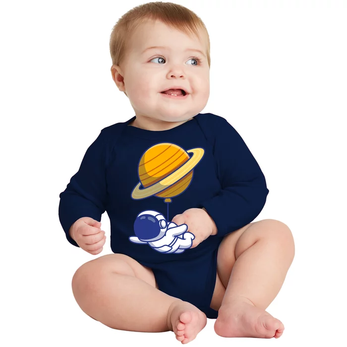 Cute Astronaut Floating On With Saturn Balloon Baby Long Sleeve Bodysuit