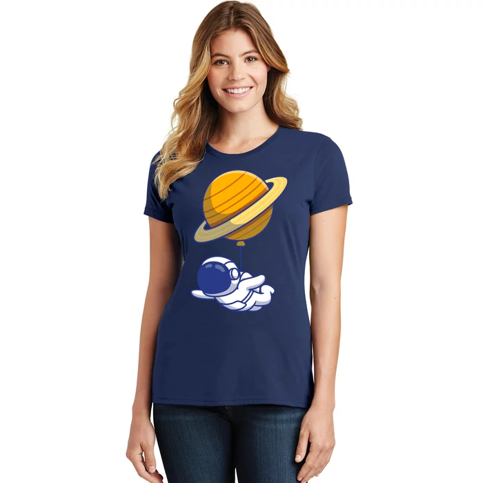 Cute Astronaut Floating On With Saturn Balloon Women's T-Shirt