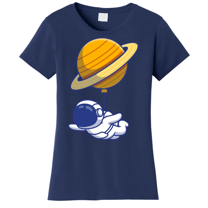 Cute Astronaut Floating On With Saturn Balloon Women's T-Shirt