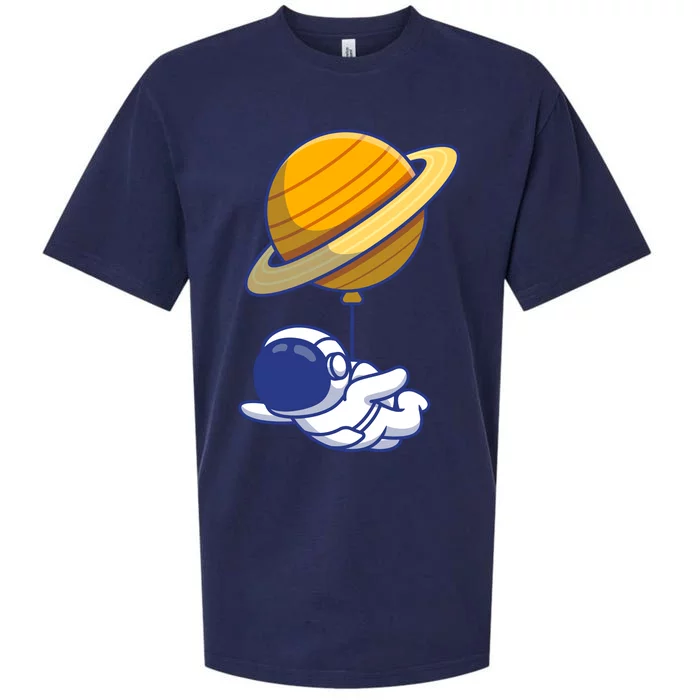 Cute Astronaut Floating On With Saturn Balloon Sueded Cloud Jersey T-Shirt