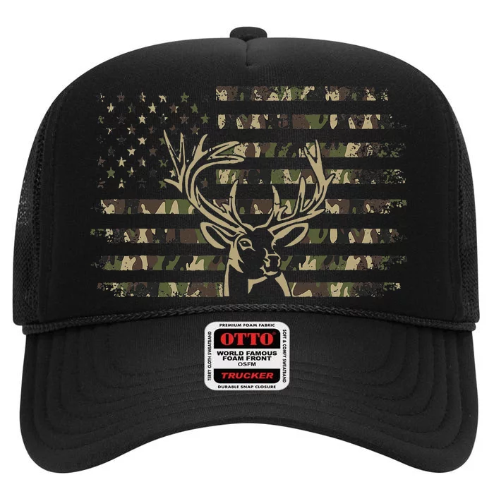 Camo American Flag Usa Camouflage Flag Outdoor Antlers Deer High Crown Mesh Trucker Hat