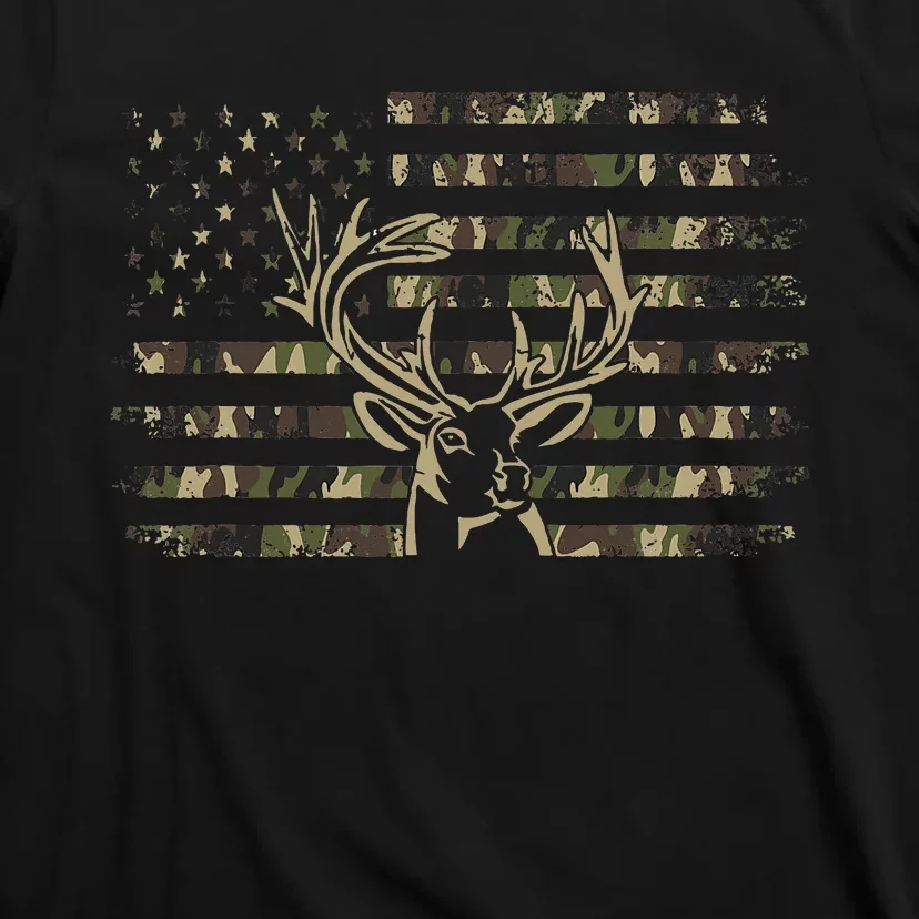 Camo American Flag Usa Camouflage Flag Outdoor Antlers Deer T-Shirt