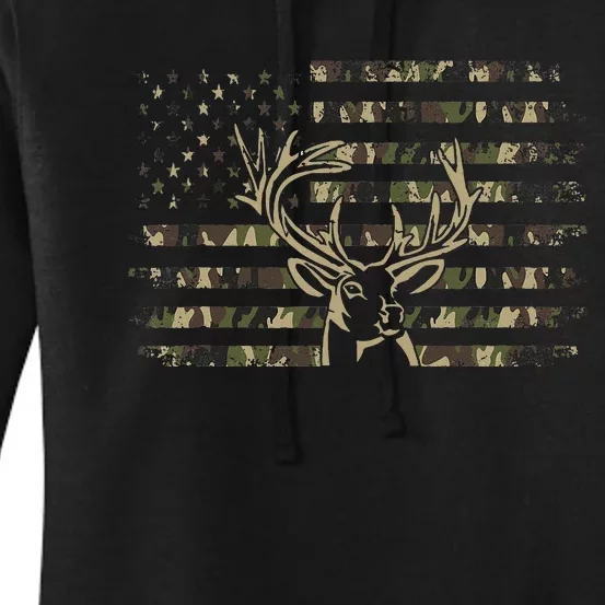 Camo American Flag Usa Camouflage Flag Outdoor Antlers Deer Women's Pullover Hoodie