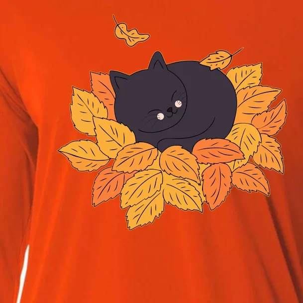 Cute Autumn Fall Sleeping Black Kitty Leaves Cooling Performance Long Sleeve Crew