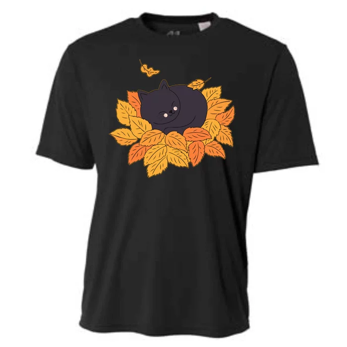 Cute Autumn Fall Sleeping Black Kitty Leaves Cooling Performance Crew T-Shirt