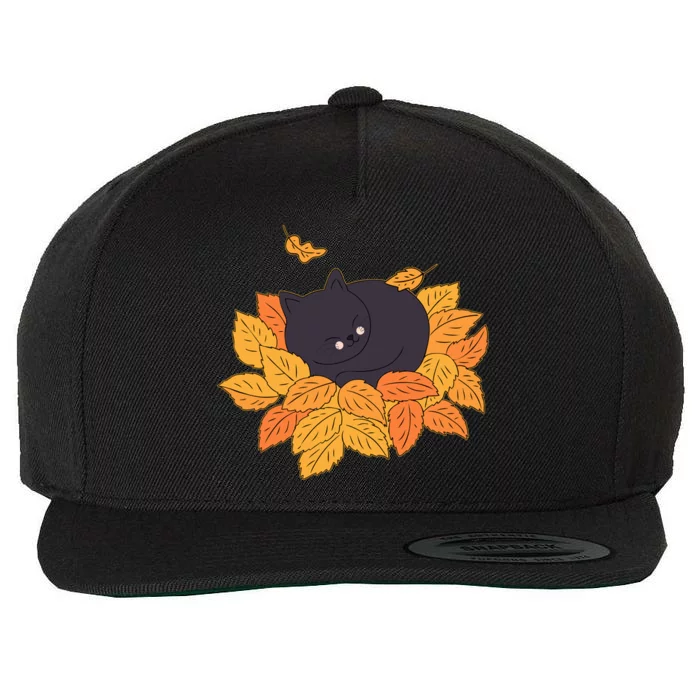 Cute Autumn Fall Sleeping Black Kitty Leaves Wool Snapback Cap