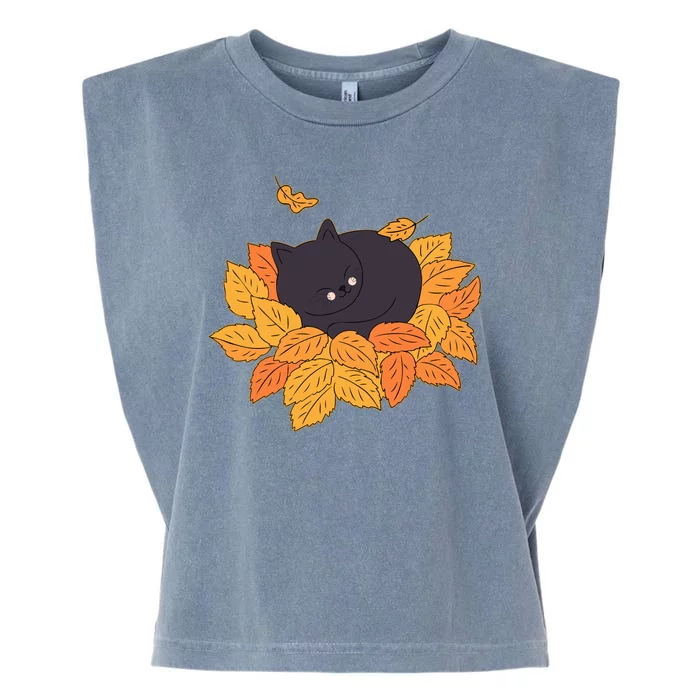 Cute Autumn Fall Sleeping Black Kitty Leaves Garment-Dyed Women's Muscle Tee