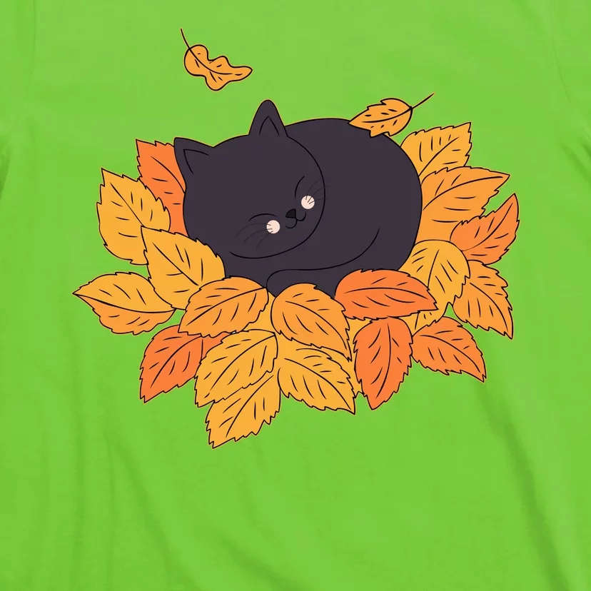 Cute Autumn Fall Sleeping Black Kitty Leaves T-Shirt