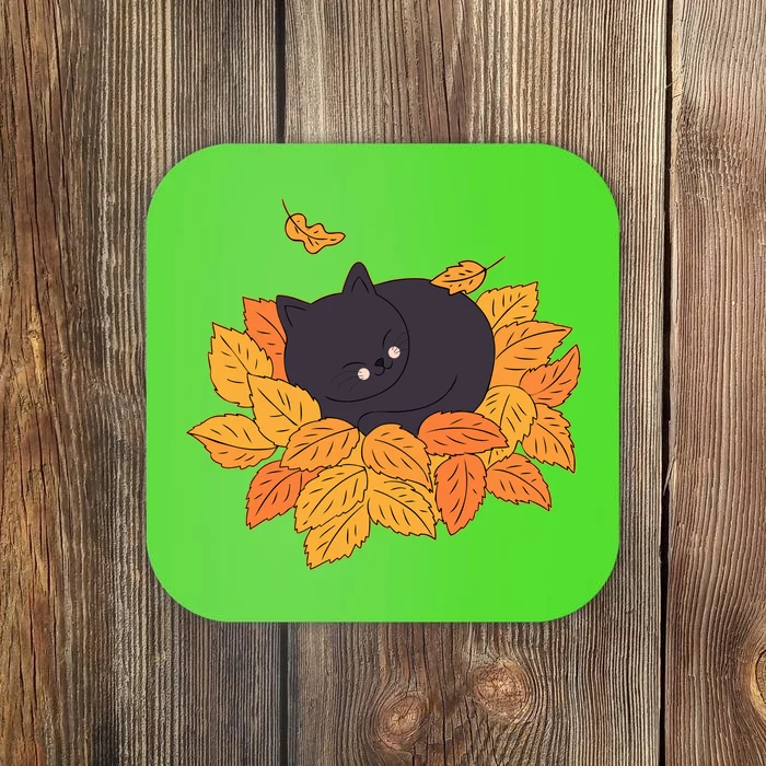 Cute Autumn Fall Sleeping Black Kitty Leaves Coaster