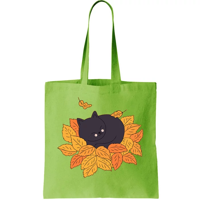 Cute Autumn Fall Sleeping Black Kitty Leaves Tote Bag