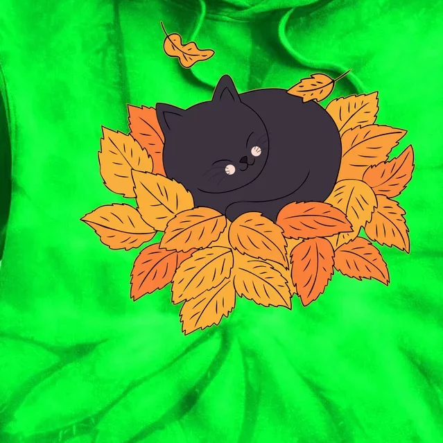 Cute Autumn Fall Sleeping Black Kitty Leaves Tie Dye Hoodie