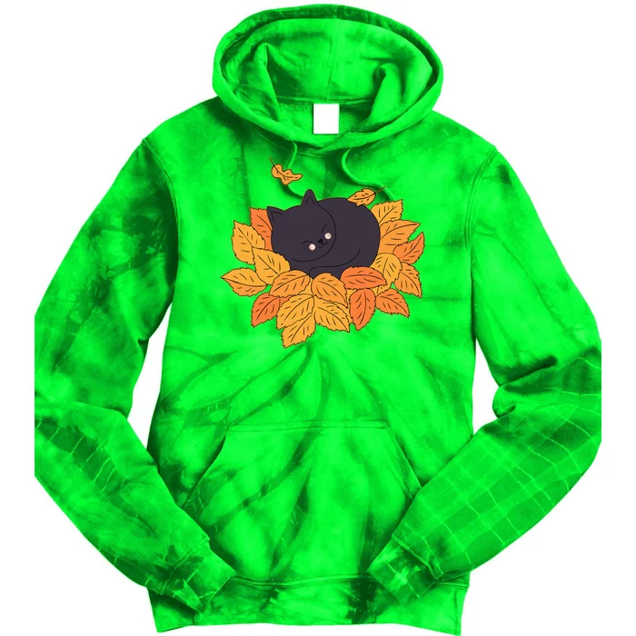 Cute Autumn Fall Sleeping Black Kitty Leaves Tie Dye Hoodie