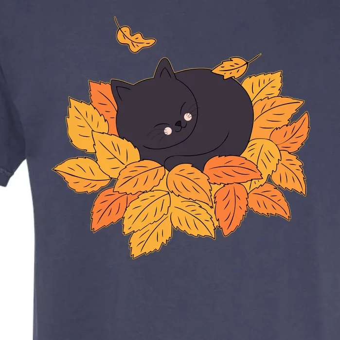 Cute Autumn Fall Sleeping Black Kitty Leaves Garment-Dyed Heavyweight T-Shirt