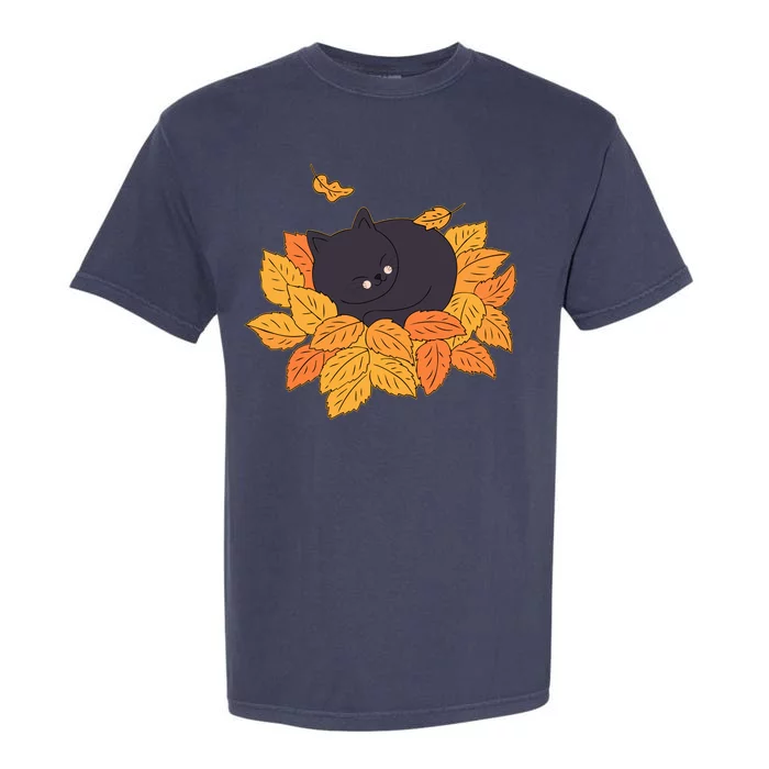 Cute Autumn Fall Sleeping Black Kitty Leaves Garment-Dyed Heavyweight T-Shirt