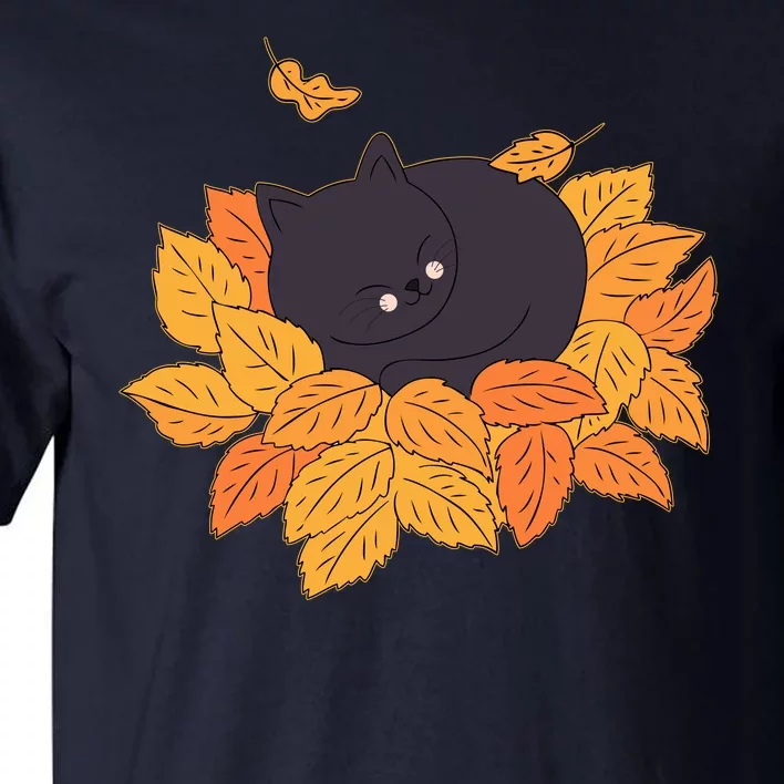 Cute Autumn Fall Sleeping Black Kitty Leaves Tall T-Shirt