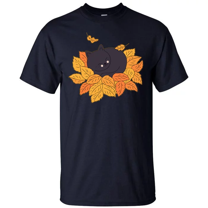 Cute Autumn Fall Sleeping Black Kitty Leaves Tall T-Shirt