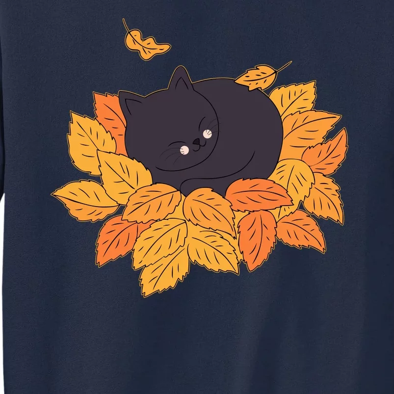 Cute Autumn Fall Sleeping Black Kitty Leaves Tall Sweatshirt