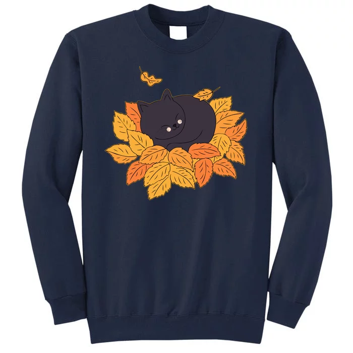 Cute Autumn Fall Sleeping Black Kitty Leaves Tall Sweatshirt