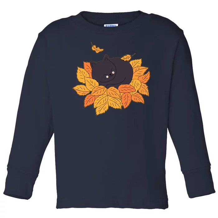 Cute Autumn Fall Sleeping Black Kitty Leaves Toddler Long Sleeve Shirt