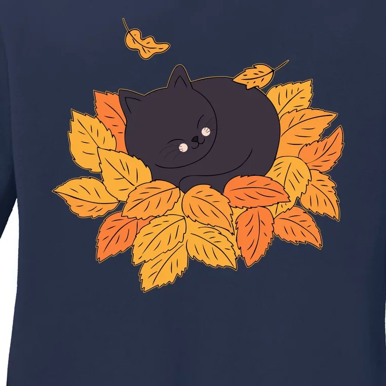 Cute Autumn Fall Sleeping Black Kitty Leaves Ladies Long Sleeve Shirt