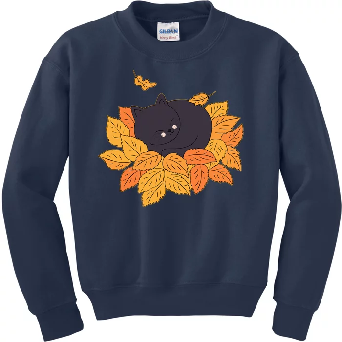 Cute Autumn Fall Sleeping Black Kitty Leaves Kids Sweatshirt