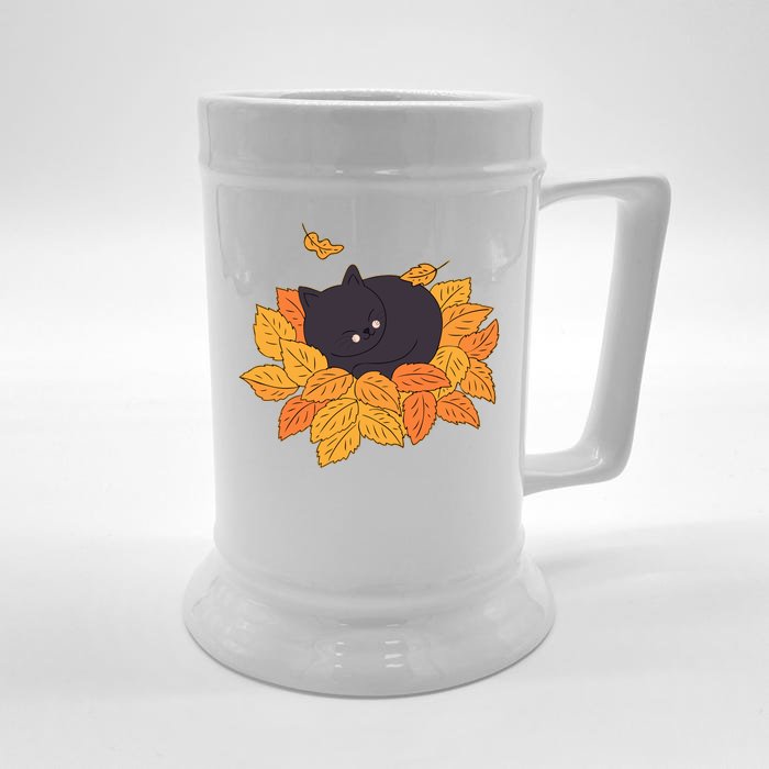 Cute Autumn Fall Sleeping Black Kitty Leaves Front & Back Beer Stein