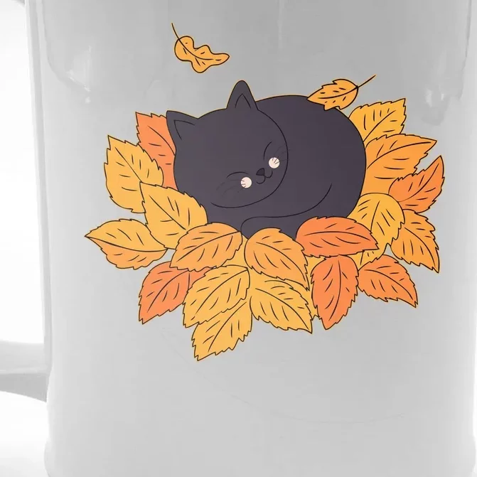 Cute Autumn Fall Sleeping Black Kitty Leaves Front & Back Beer Stein