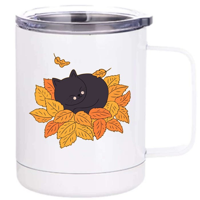 Cute Autumn Fall Sleeping Black Kitty Leaves Front & Back 12oz Stainless Steel Tumbler Cup