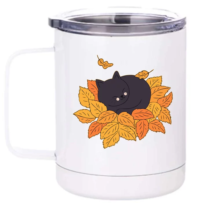 Cute Autumn Fall Sleeping Black Kitty Leaves Front & Back 12oz Stainless Steel Tumbler Cup