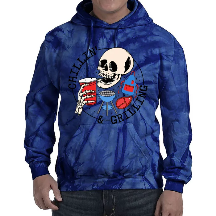 Chillin And Grilling Dad Fathers Day Skeleton Skull Summer Tie Dye Hoodie