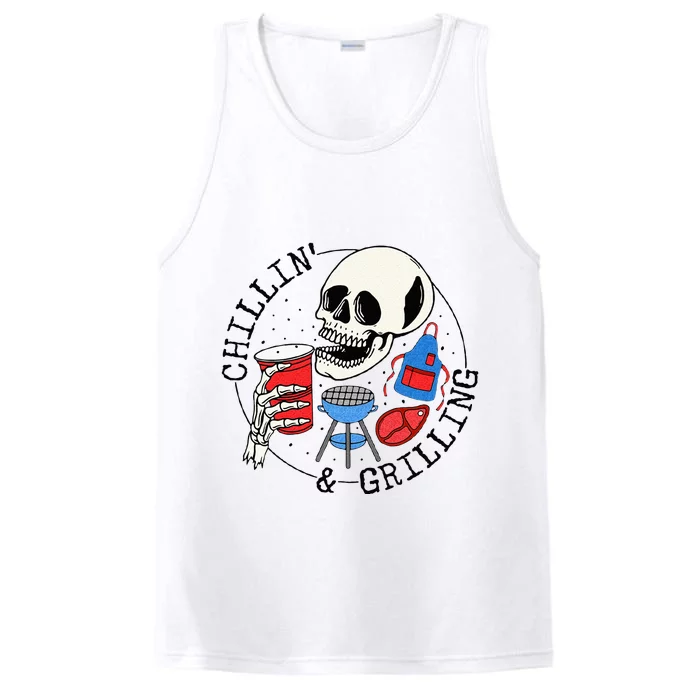 Chillin And Grilling Dad Fathers Day Skeleton Skull Summer Performance Tank