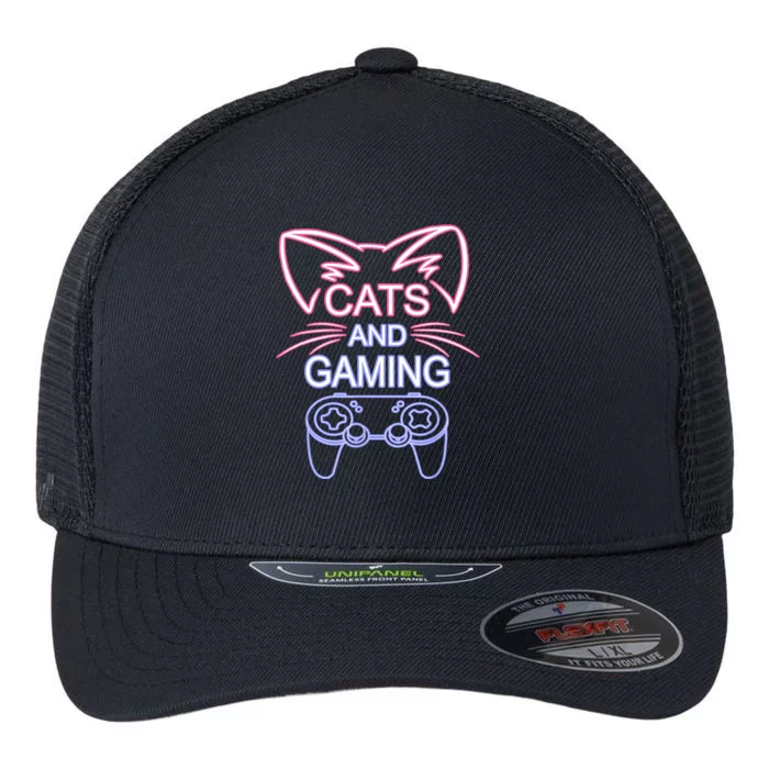 Cats And Gaming Funny Cat Lover Gaming Gift Gamer Flexfit Unipanel Trucker Cap