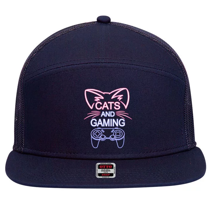 Cats And Gaming Funny Cat Lover Gaming Gift Gamer 7 Panel Mesh Trucker Snapback Hat