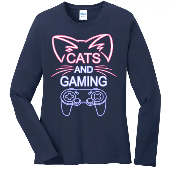 Cats And Gaming Funny Cat Lover Gaming Gift Gamer Ladies Long Sleeve Shirt