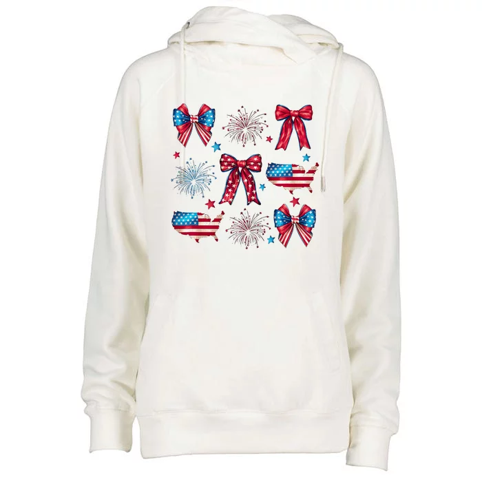 Coquette American Girly 4th Of July American Flag Bow Girl Womens Funnel Neck Pullover Hood