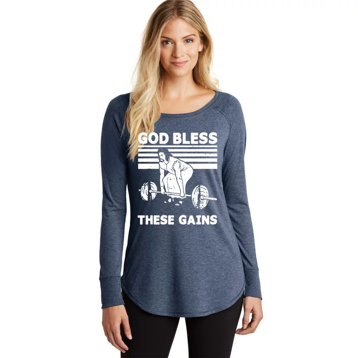 Christian Athlete Gym God Bless These Gains Jesus Deadlift Women's Perfect Tri Tunic Long Sleeve Shirt