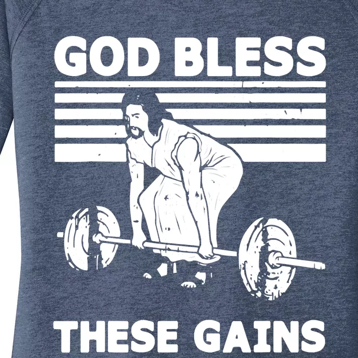 Christian Athlete Gym God Bless These Gains Jesus Deadlift Women's Perfect Tri Tunic Long Sleeve Shirt