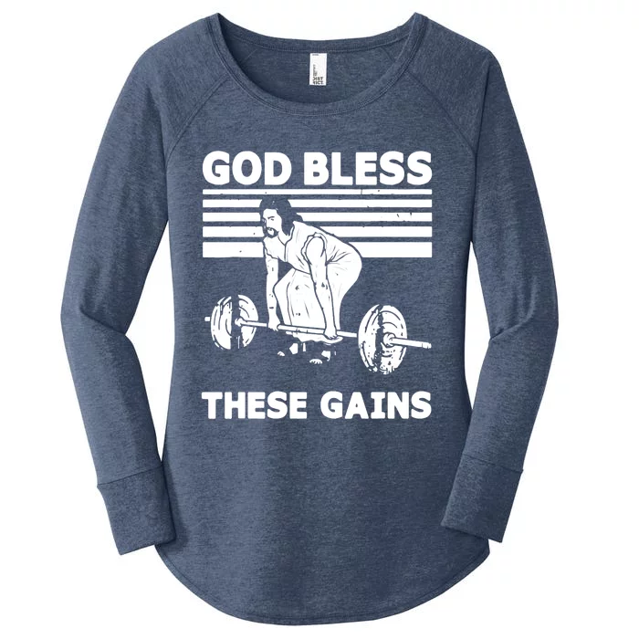 Christian Athlete Gym God Bless These Gains Jesus Deadlift Women's Perfect Tri Tunic Long Sleeve Shirt